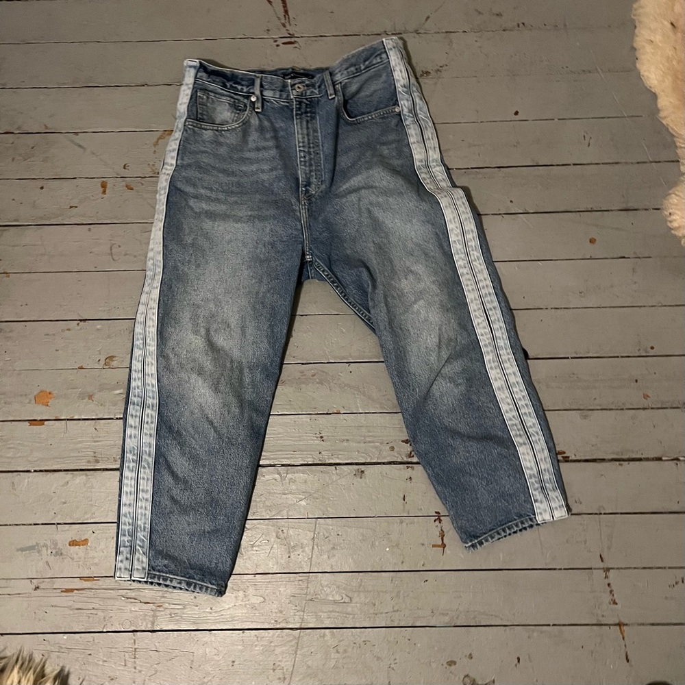 Levis made and crafted barrel leg jean with double stripe light and medium wash